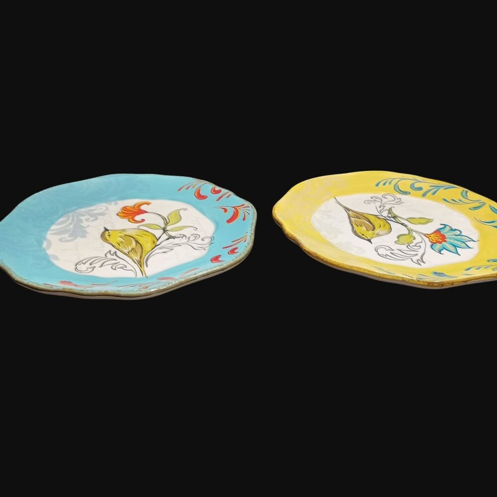 Ashland Michaels Folk Bird Plates Set Of 2 6 In Yellow Blue Shadow Script - Picture 9 of 9